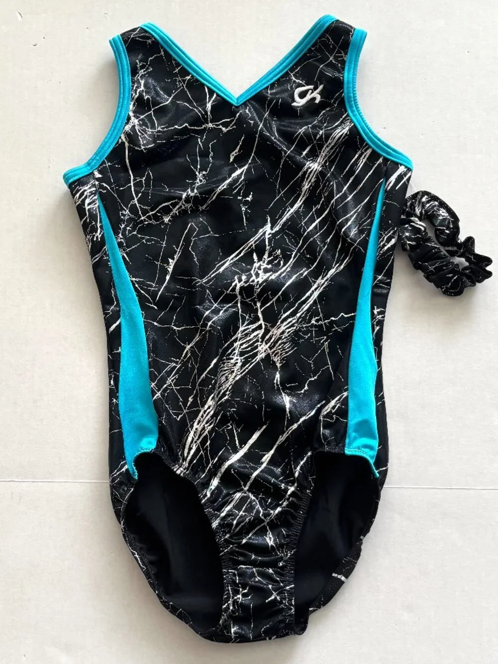 NWT GK Gymnastics Black/Blue Crackle Sleeveless Leotard with Scrunchie Size AS